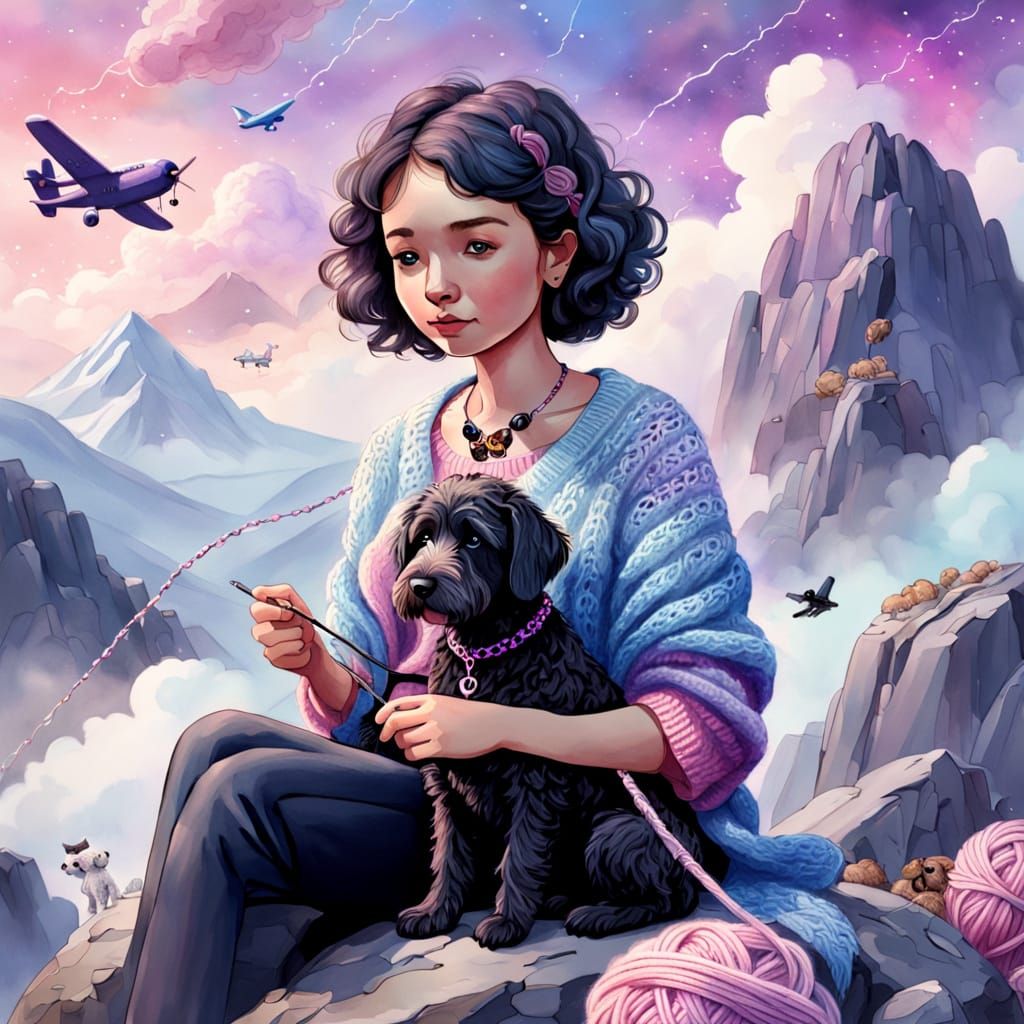 Lady Knitting With Puppy in Watercolour Style