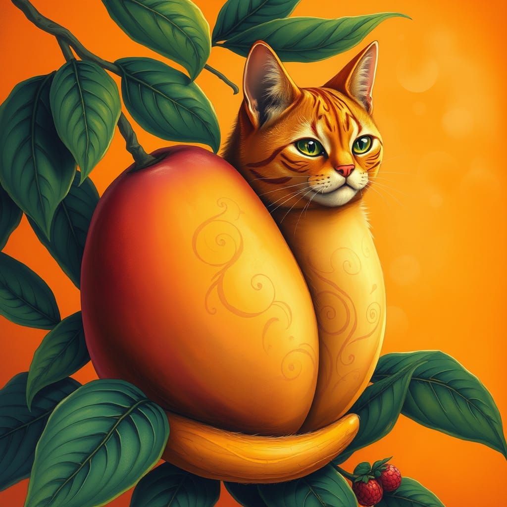Vibrant Mango Cat in Whimsical Surrealist Style