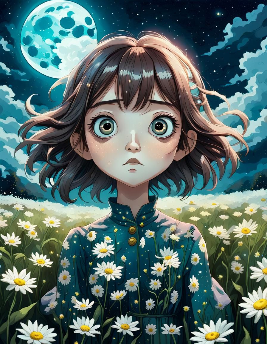Anime Girl in Daisy Field Under Moonlight