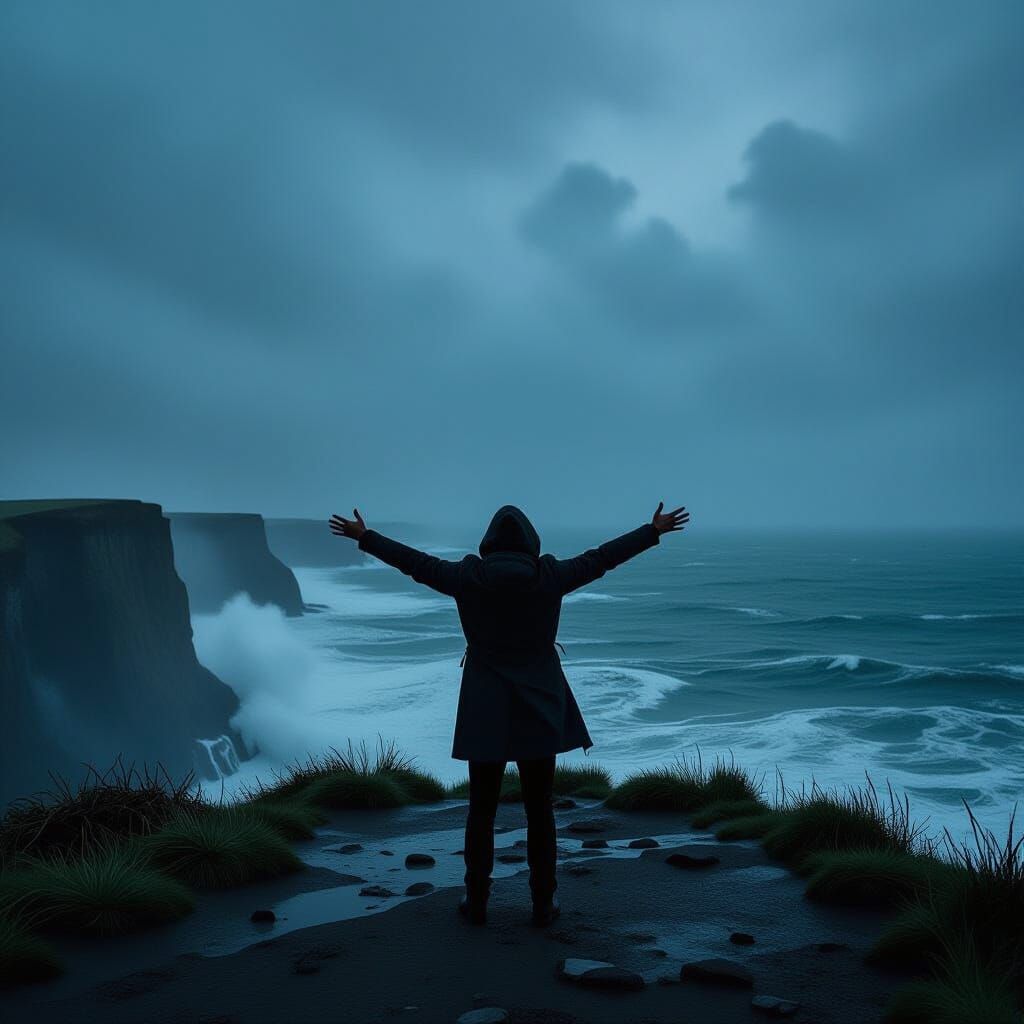 Figure on Windswept Cliff Overlooking Stormy Sea