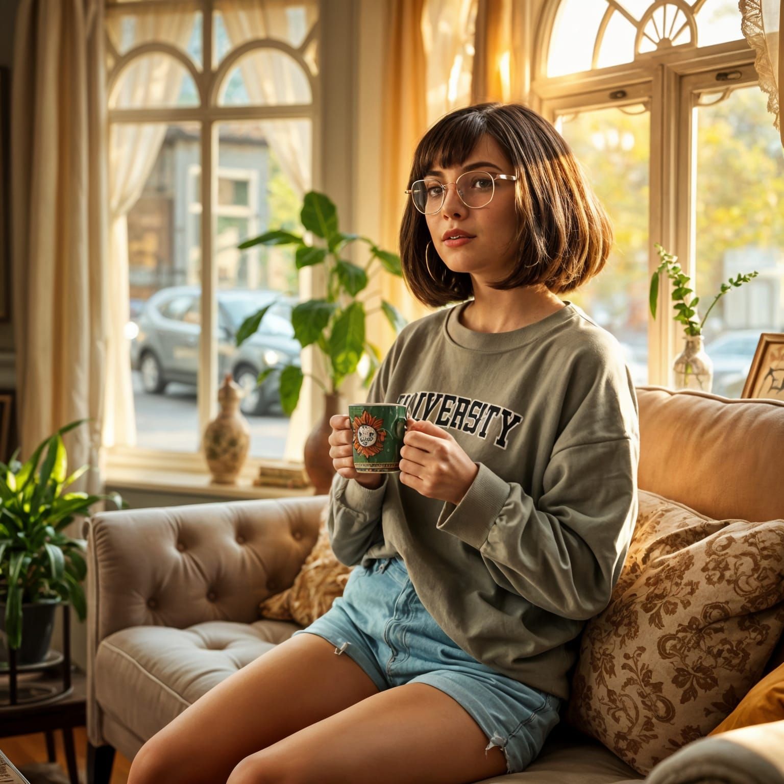Vintage Housewife Relaxing on Plush Retro Couch in Cozy Livi...