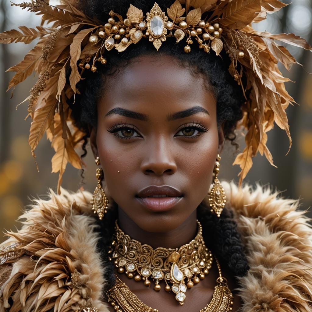African Queen Portrait with Gold Jewelry in Autumn Forest
