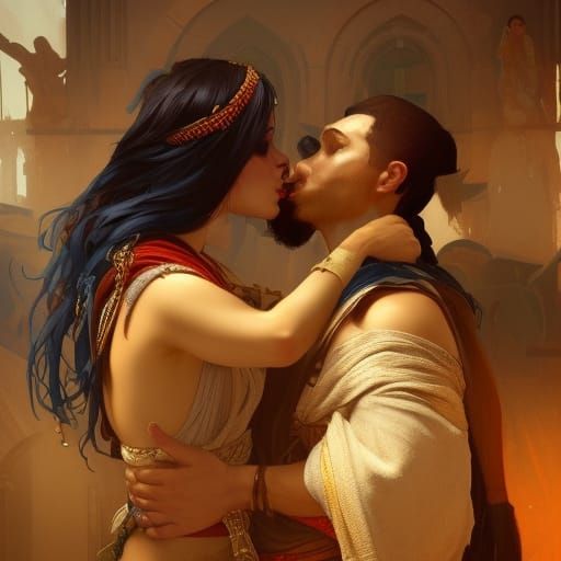 Samson and Delilah Kissing: Art Nouveau Concept Art