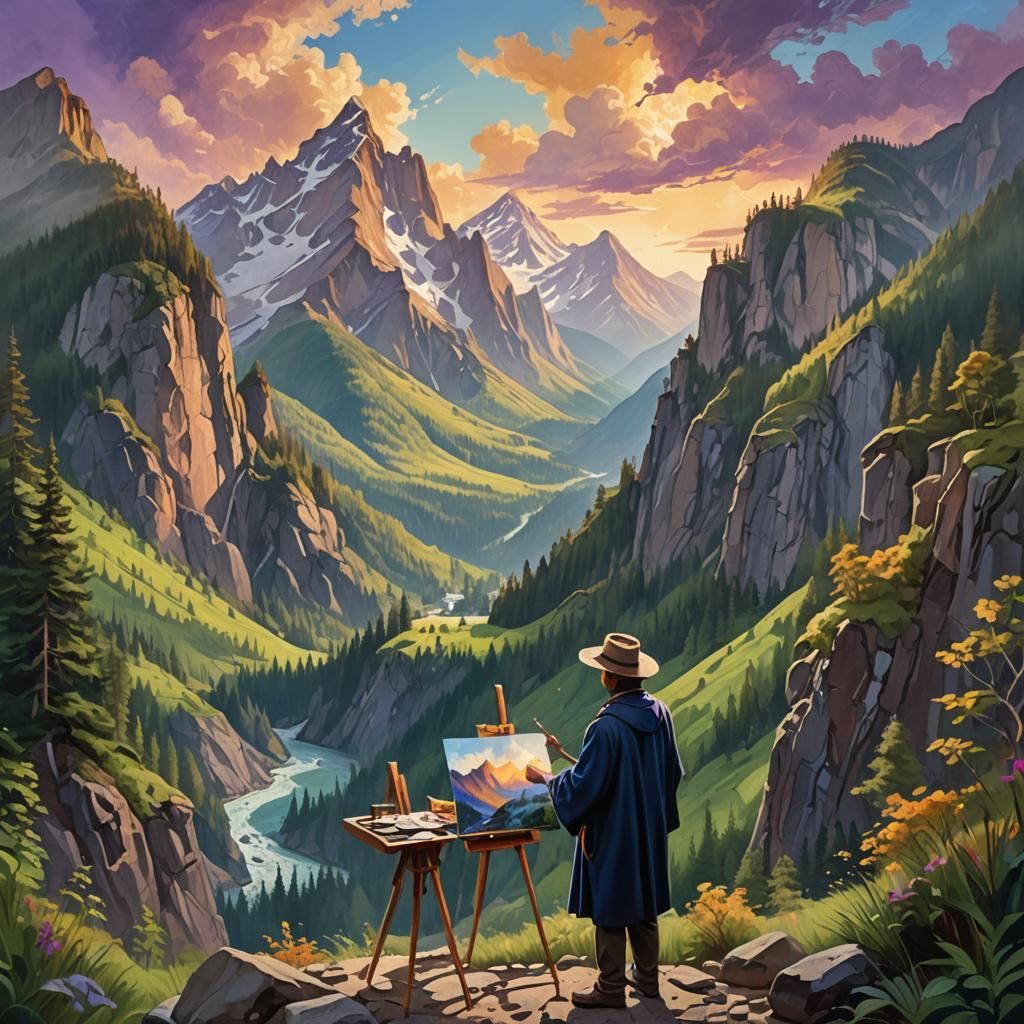 Majestic Mountain Landscape with Artist, Digital Matte Paint...