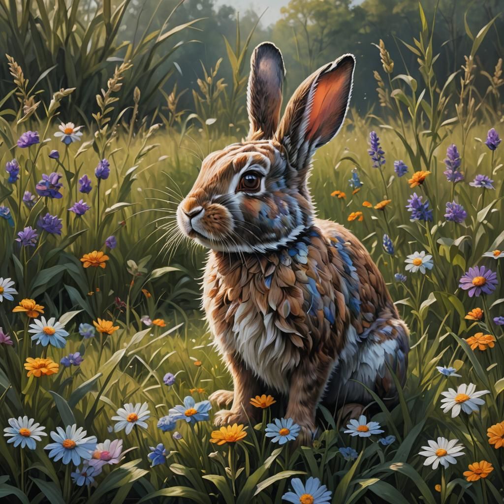 Fantastical Oil Painting of Bunny in Field