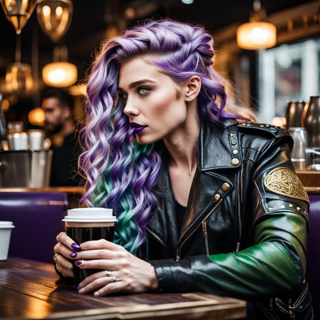 Valkyrie with Viking Features Drinking Coffee