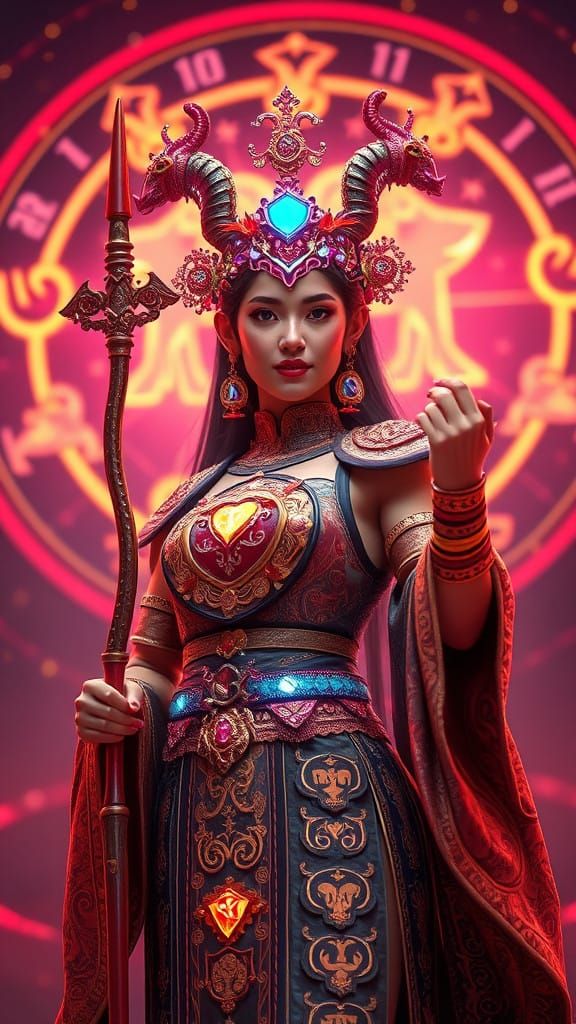 Ethereal Zodiac Maiden in Vibrant P'chum Ben-Inspired Attire