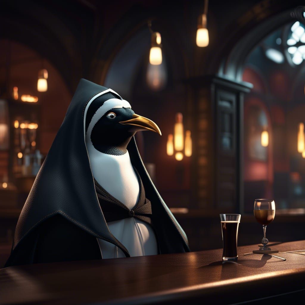 Penguin Nun in Noir Bar: Detailed Matte Painting