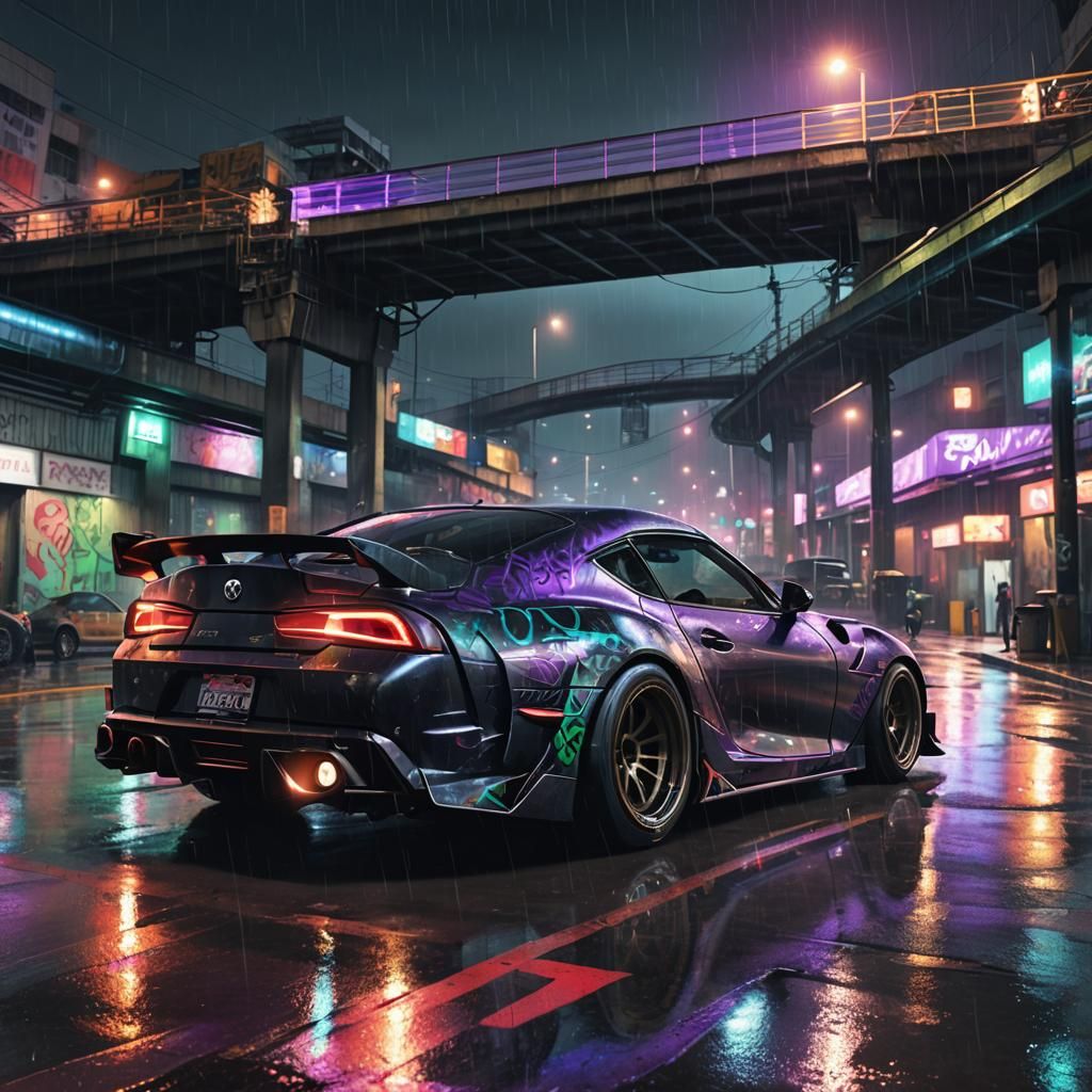 Pandem Supra GR Drifting Under Rainy City Bridge