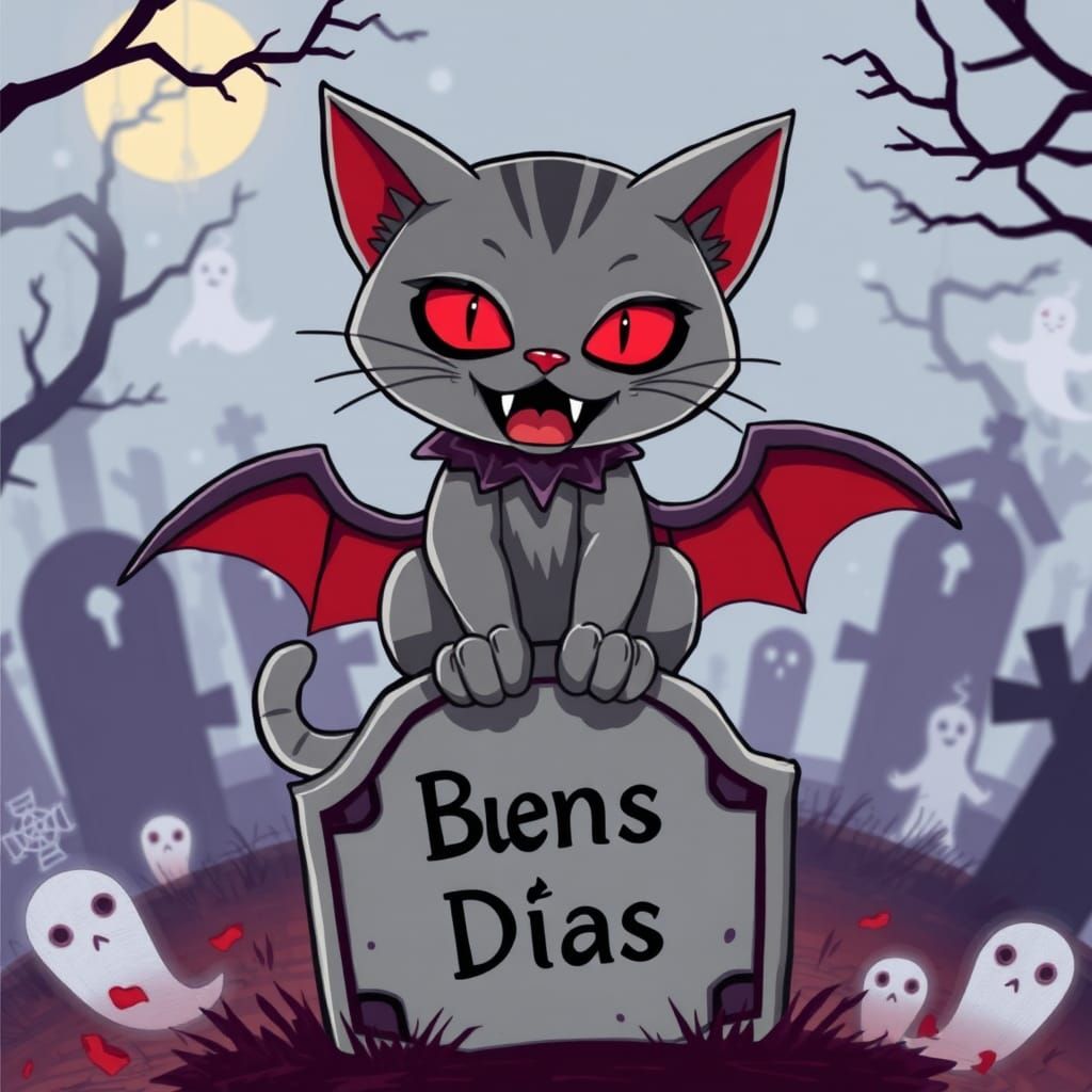 A spooky Halloween illustration of a vampire cat with bared ...