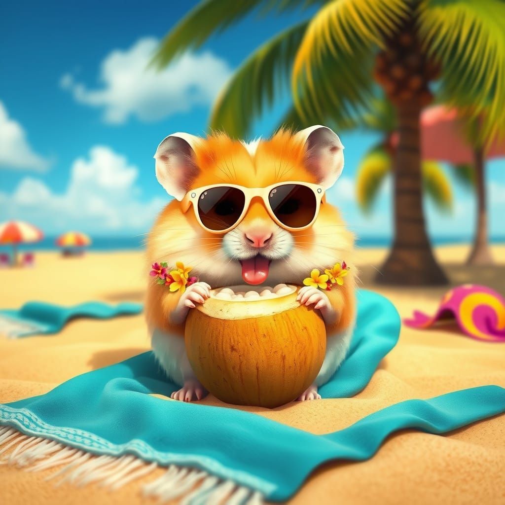 Whimsical Beach Hamster Sips from Coconut in Tropical Paradi...