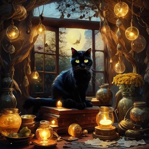 Black Cat on Windowsill in Dark Impressionism Style