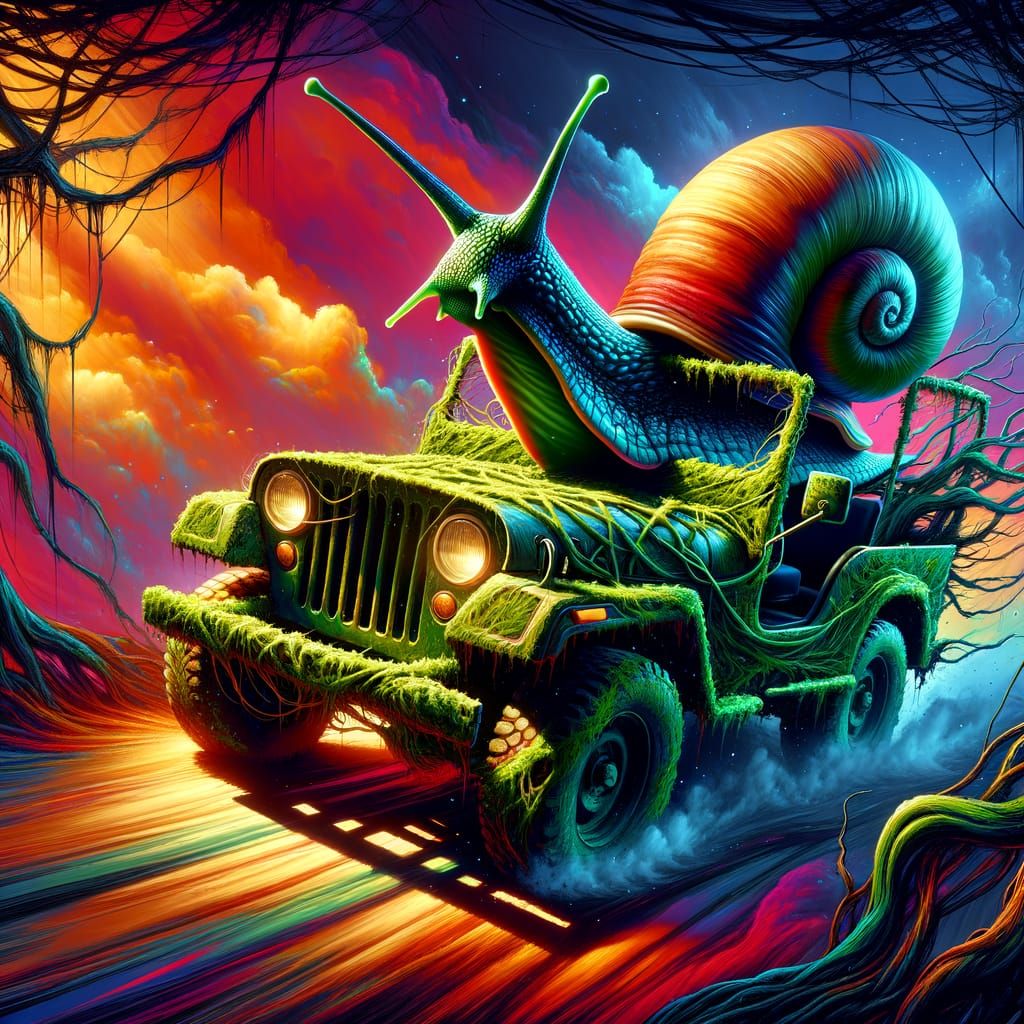 Biopunk Snail Drives a Jeep in Vivid Colors