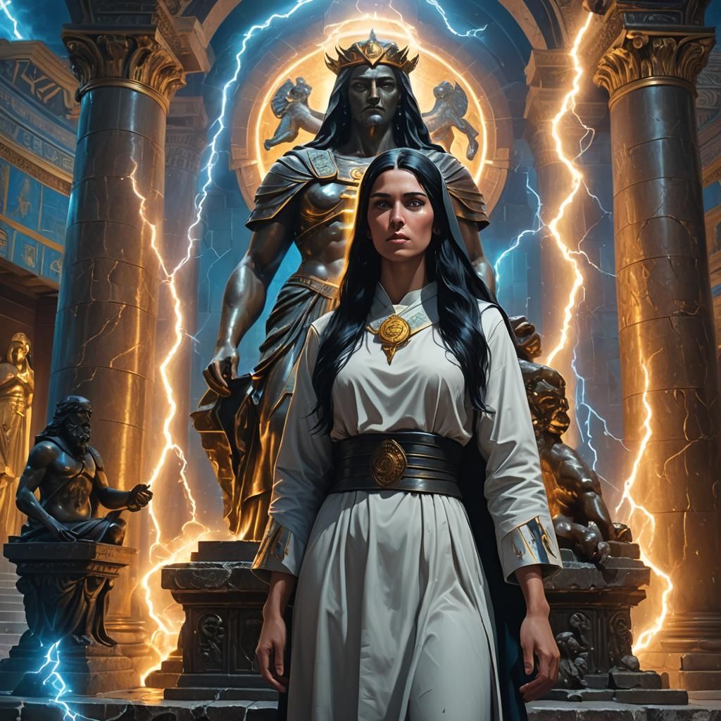 Nun Contemplates Zeus Statue: Hyperrealistic Concept Art