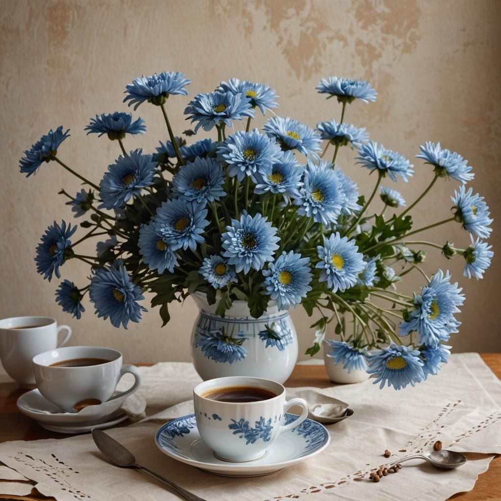 Blue Chrysanthemums Still Life in Soft Warm Light