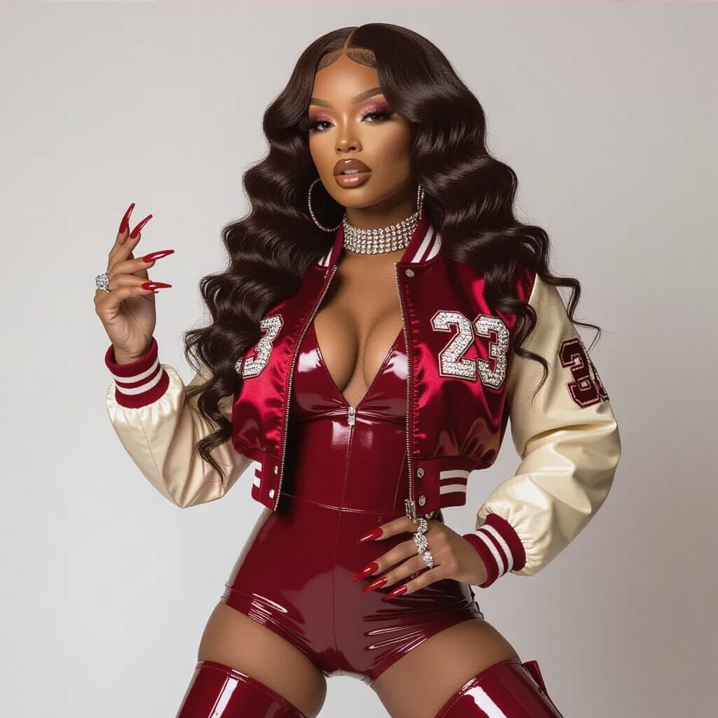 R&B Singer in Dr Pepper Themed Latex Outfit