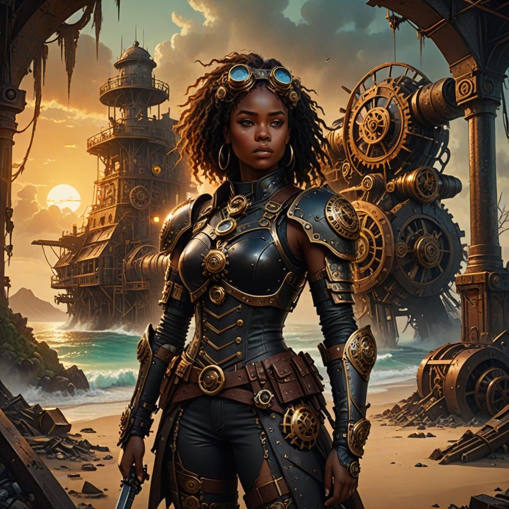 Surreal Steampunk Warrior Unveiled on Tropical Island Ruins