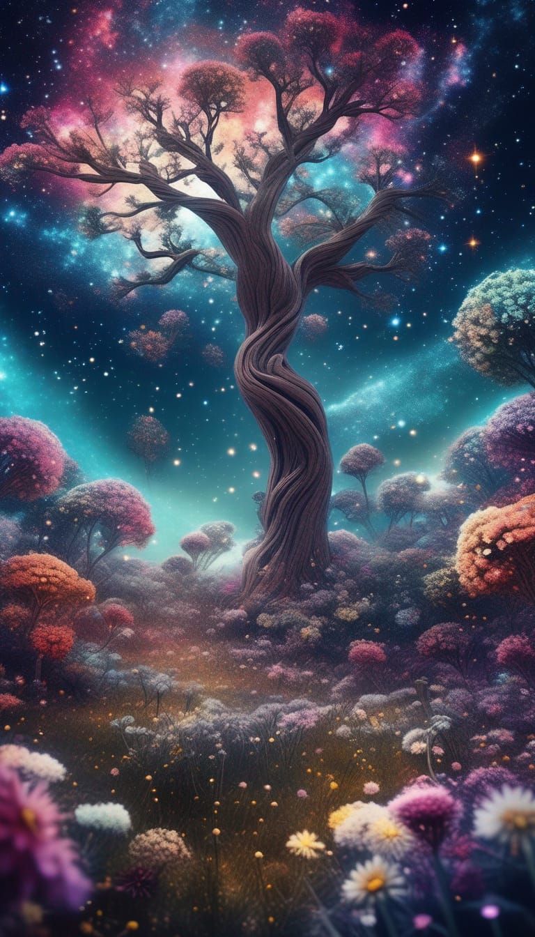 Cosmic Tree of Galaxies Rising from Flower Meadow