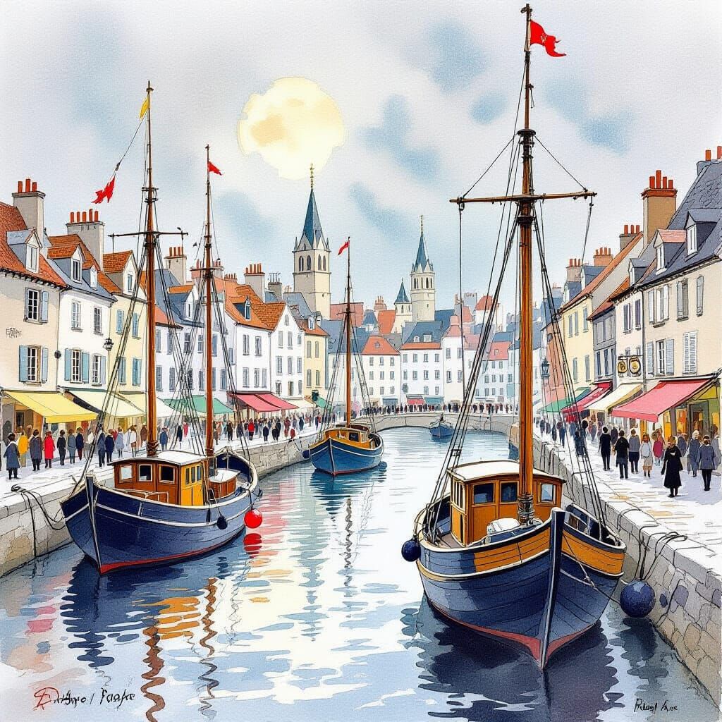 Buzzling French Harbour in Watercolour Style