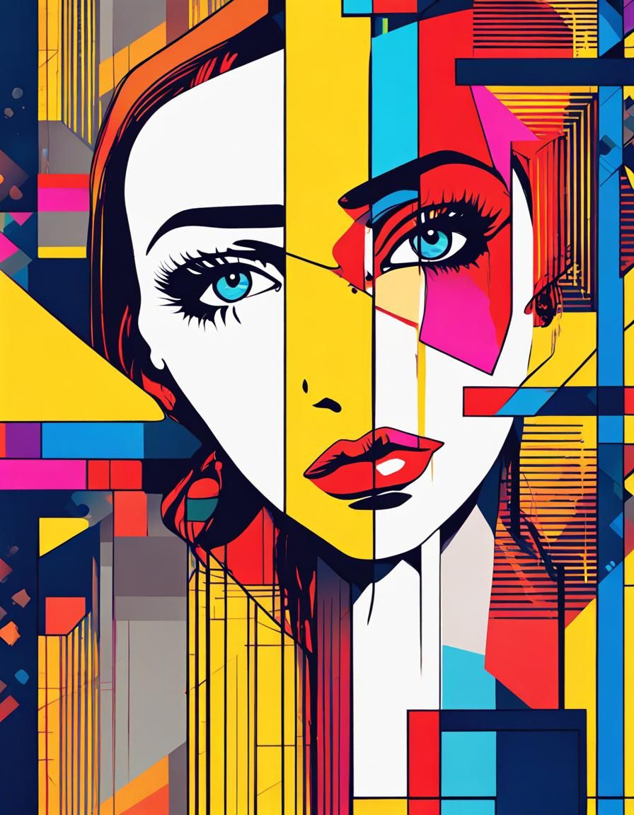 Pop Art Girl Face in Geometric Bauhaus Style
