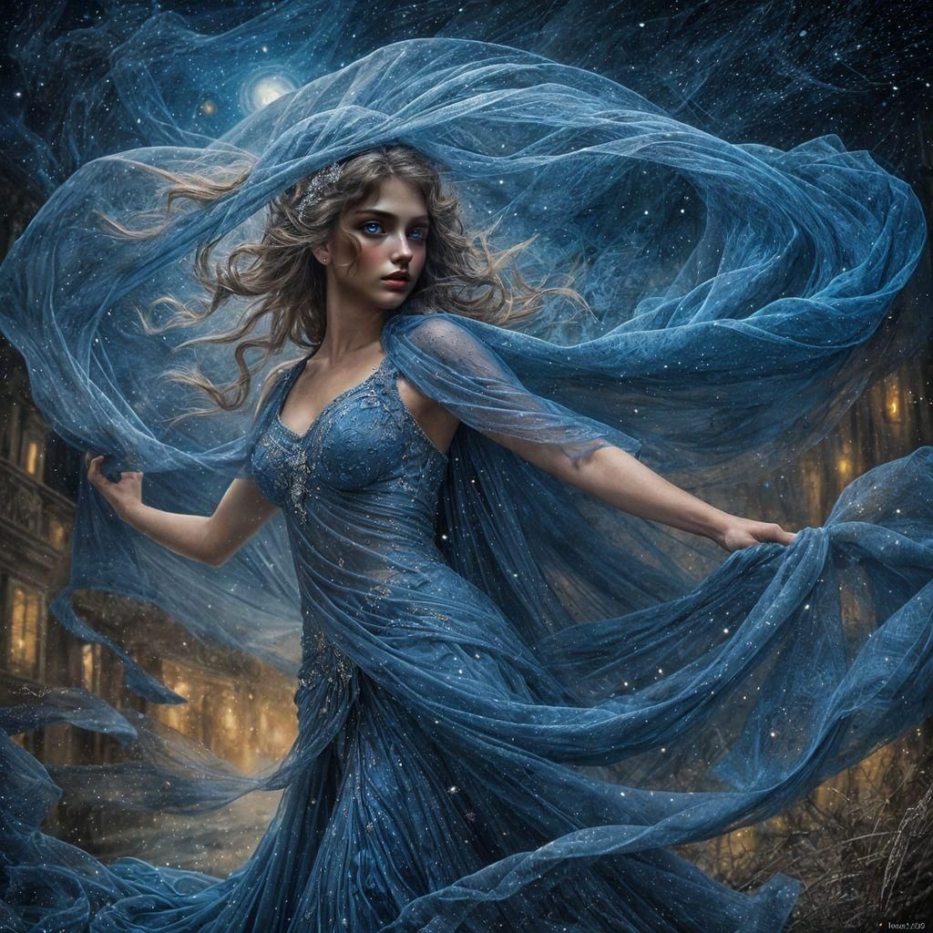 Blue Veil Dance in Starry Night Sky