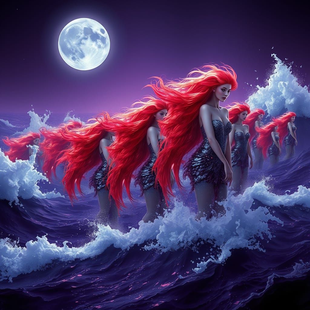 Ethereal Sirens Rising from the Purple Ocean