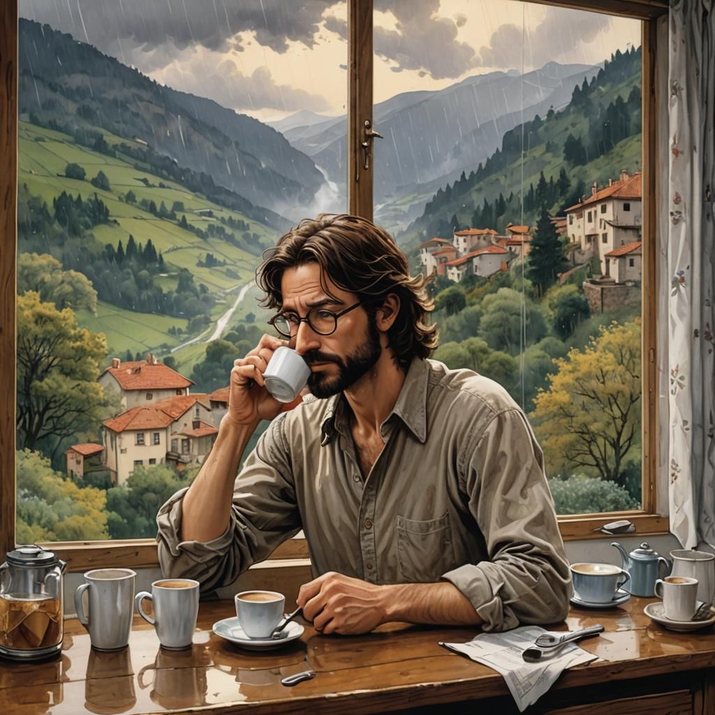 Tired Man Drinking Coffee on Rainy Day