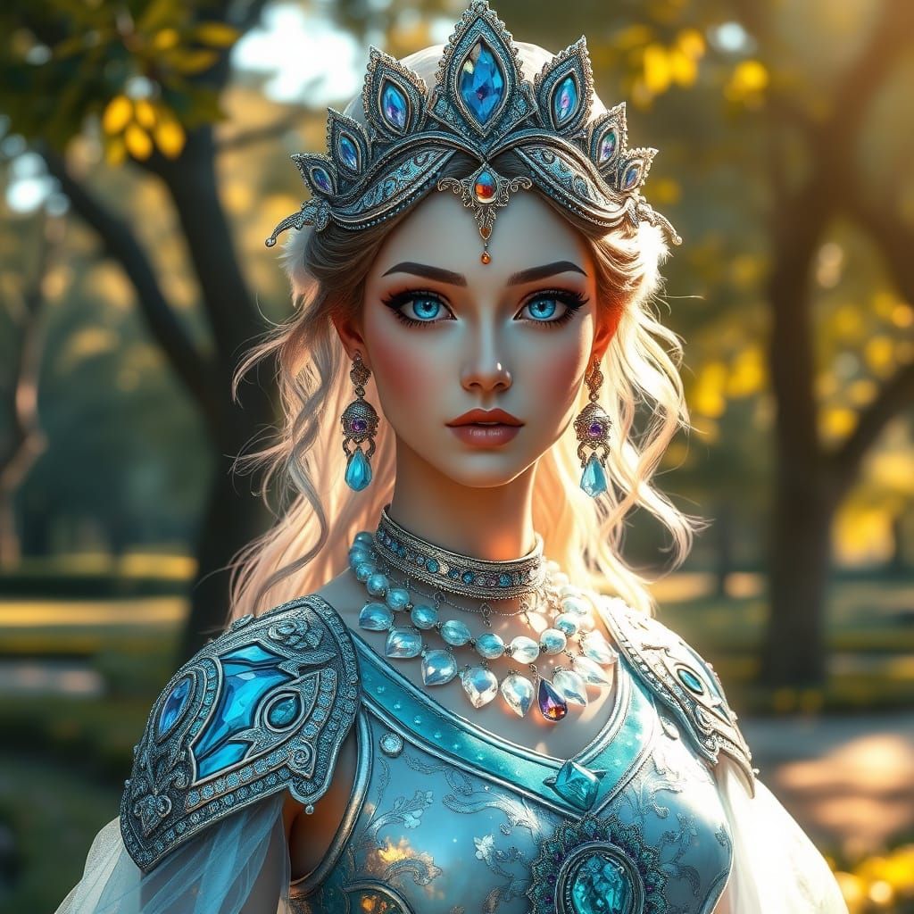 Ethereal Goddess in Vibrant Crystalline Armor