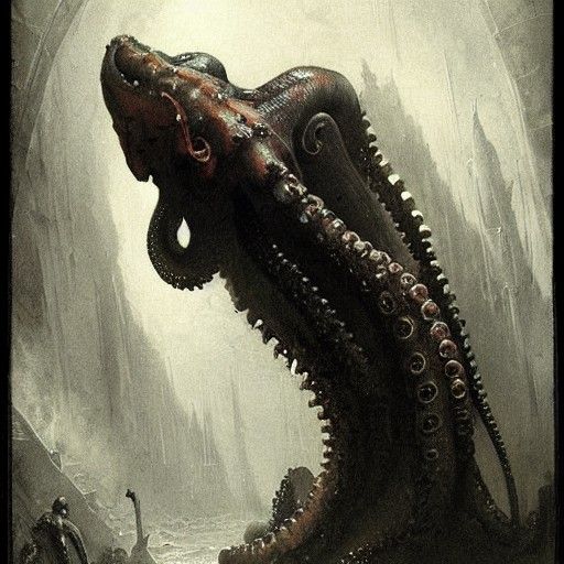 Horrific Cephalopod Mutant in Engraving Style