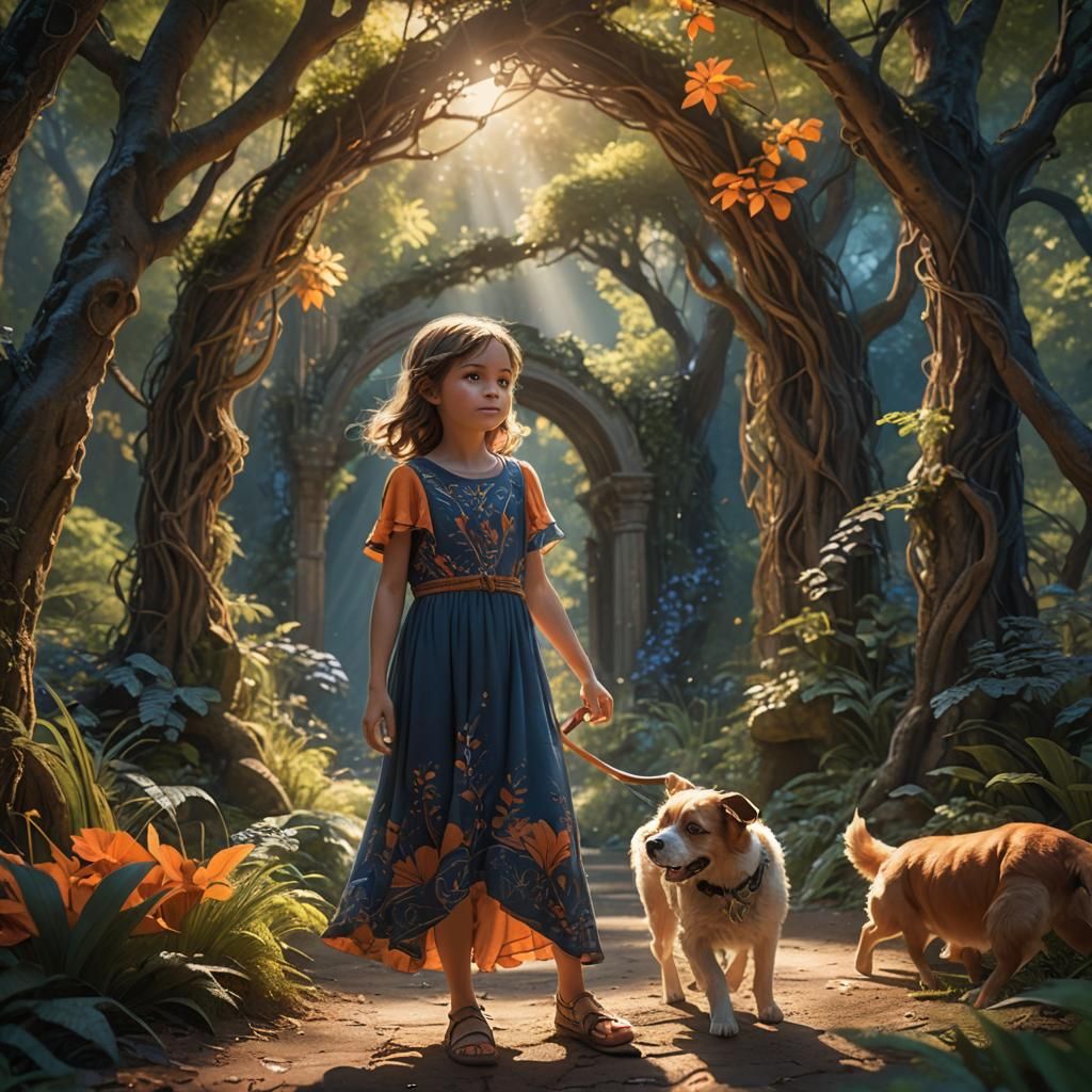 Magical Forest Gateway with Girl and Dog
