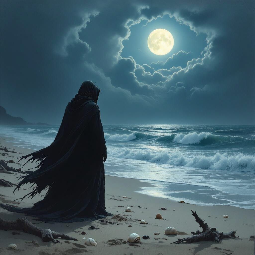 Cloaked Figure on Moonlit Beach in Romantic Style