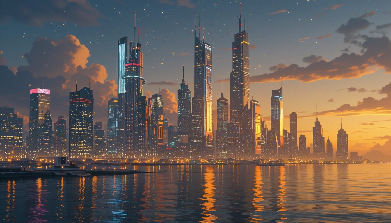 Cyberpunk Cityscape at Night in Fantasy Art Style