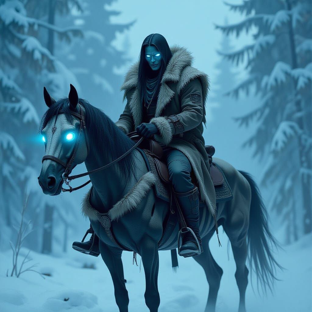 Wendigo Rider in Snowy Forest, Dark Fantasy Art