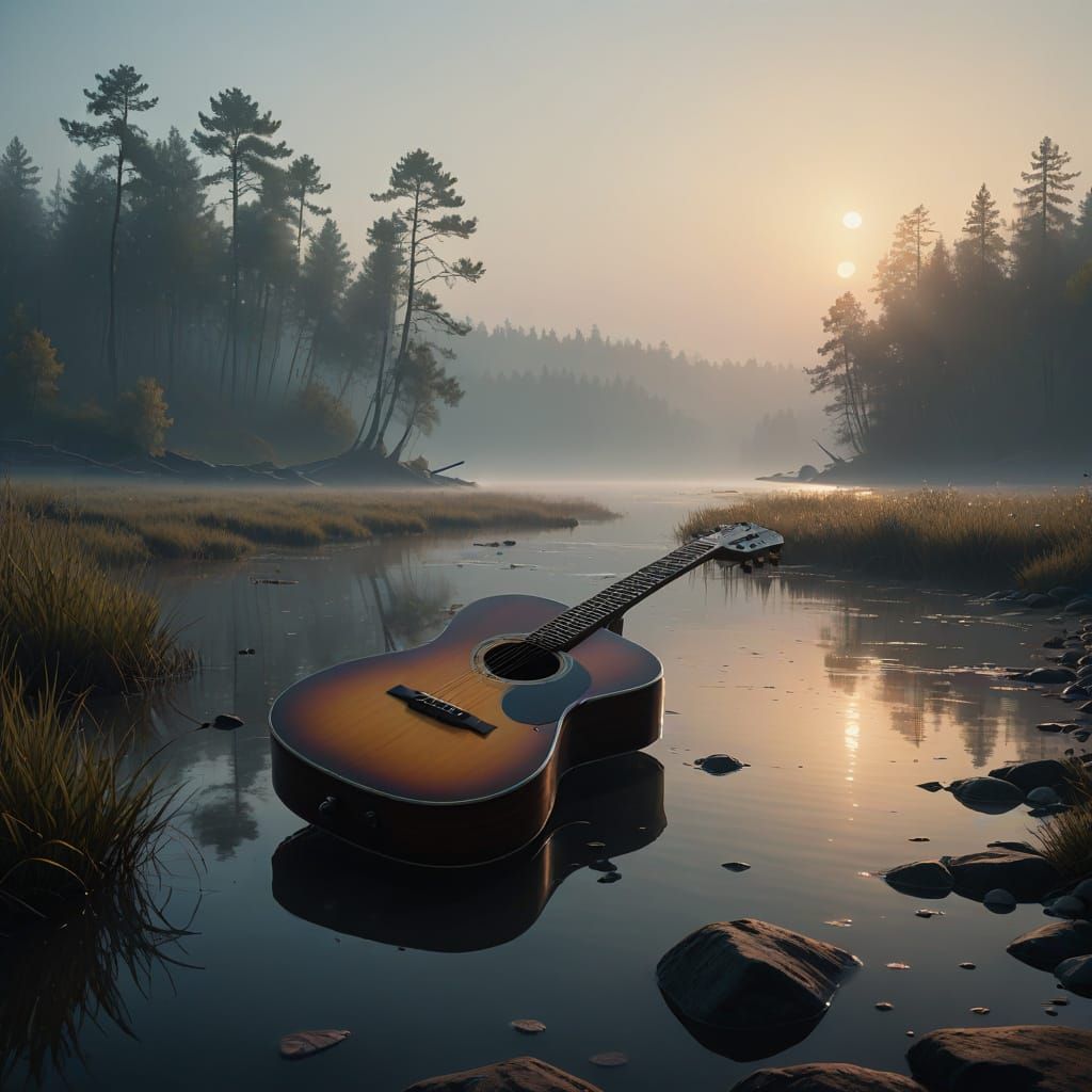 Weathered Guitar on Foggy Riverbank in Photorealistic Style