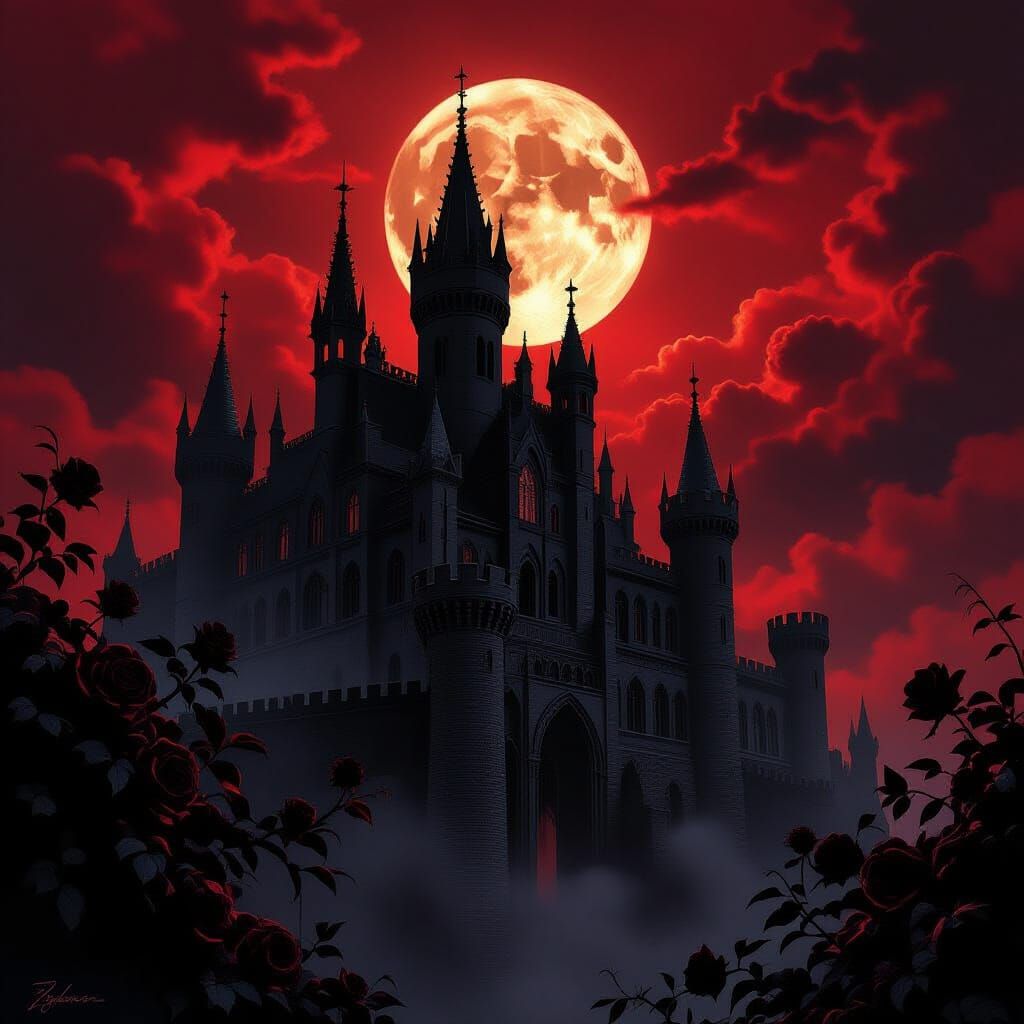 Gothic Castle Under Blood Moon Sky