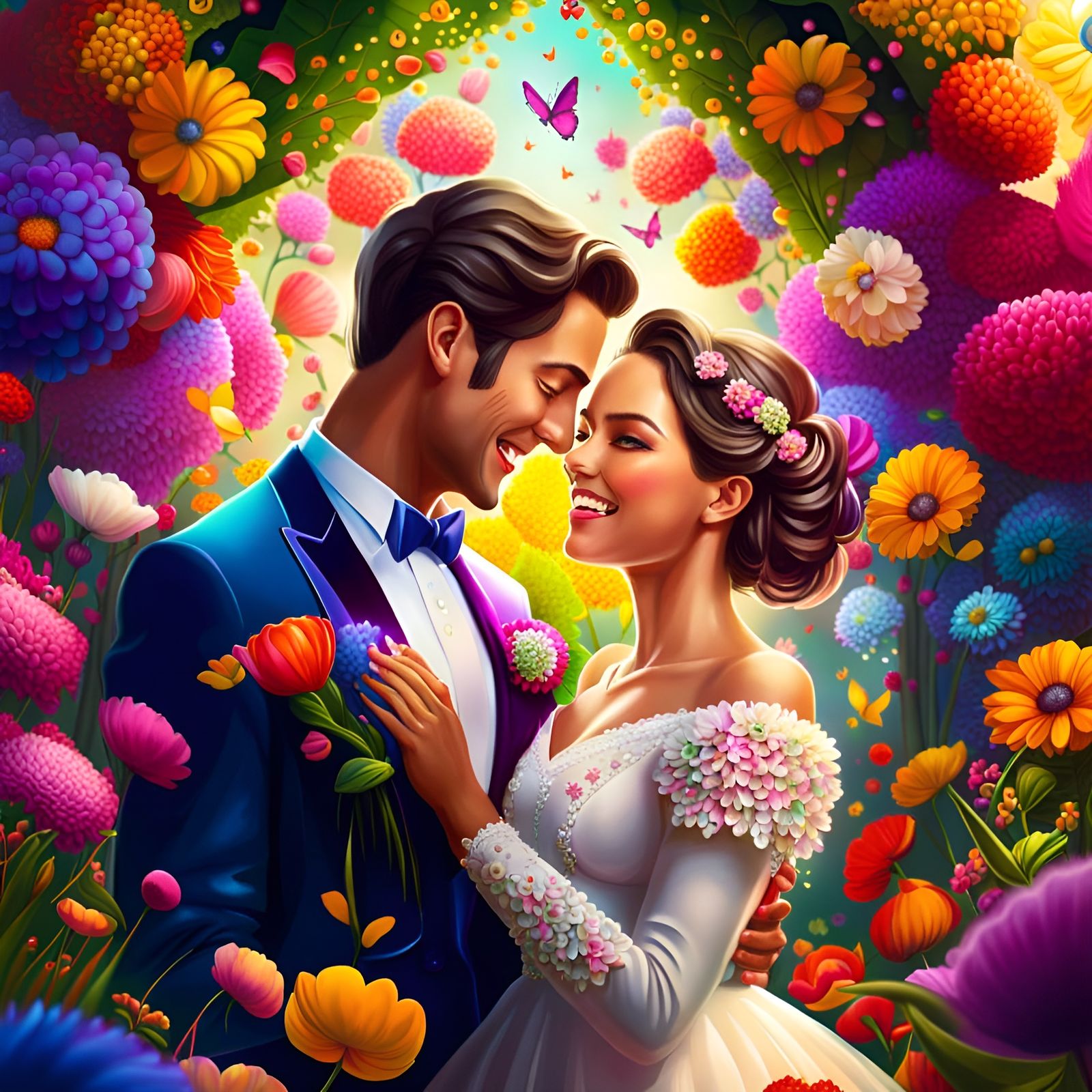 Joyful Newlyweds in Surreal Flower Garden Portrait