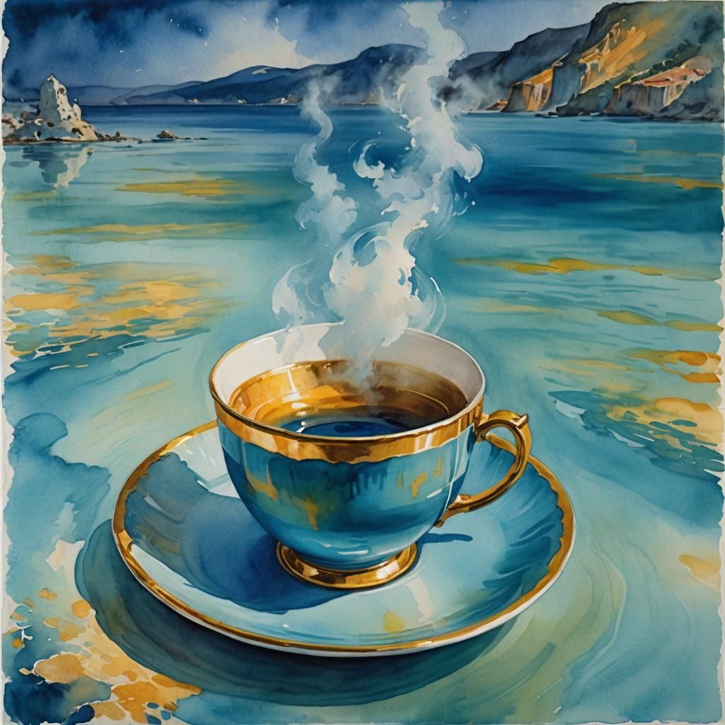 Golden cup on a saucer smoke rising as a ghost, Background blue lagoon Capri 
neo-impressionist watercolor painting expr...