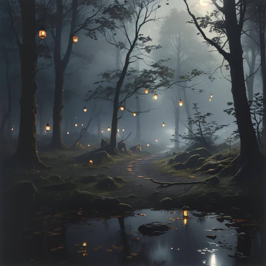 Whimsical Forest Camp Under Starry Night Sky