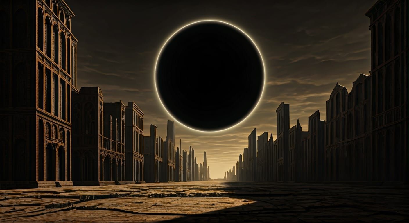 Ominous Black Sun Over Ancient Gothic Cityscape