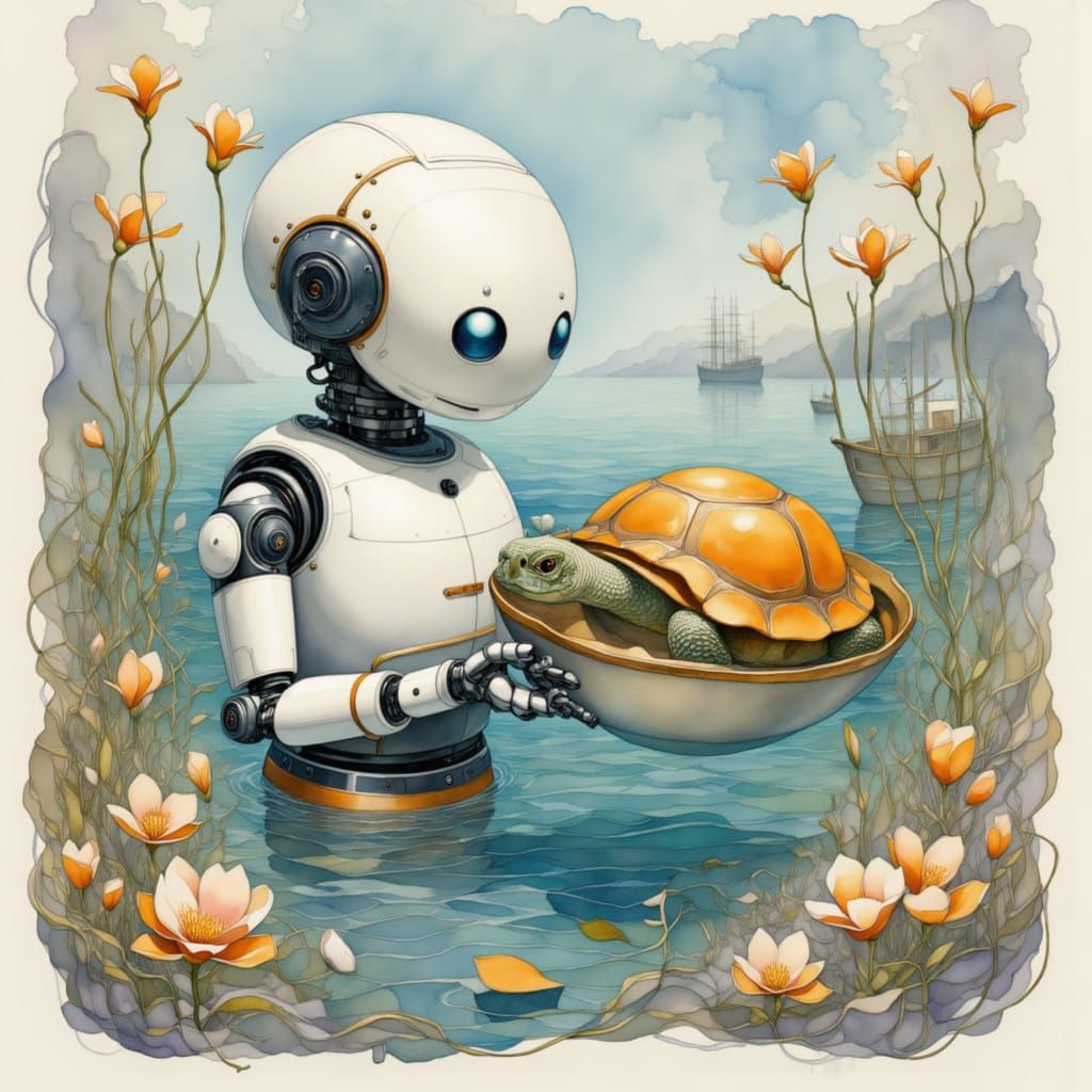 Cute Robot Holds Bowl With Adorable Turtle