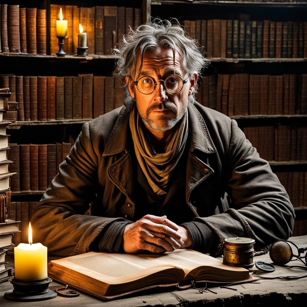 Post-Apocalyptic Tinkerer in Ruined Library with Candle