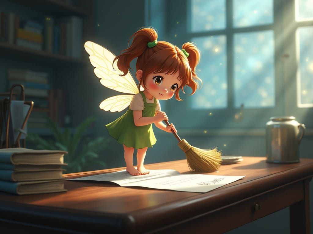 Anime Pixie Sweeping Desk, Digital Art Masterpiece