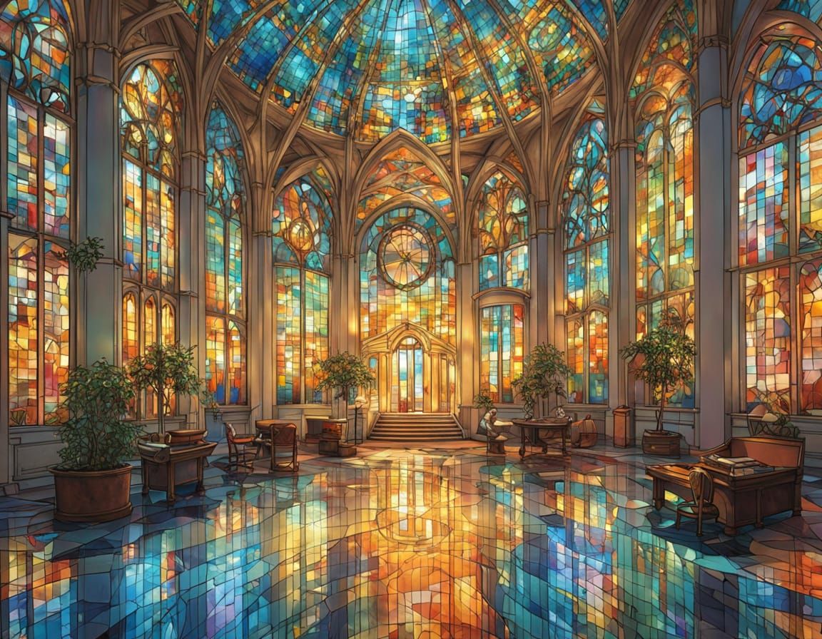 Futuristic School Atrium with Stained-Glass Mural