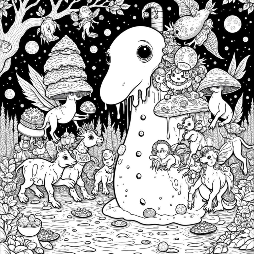 Melting Ice Cream Snowman Offers Mushroom to Fairies