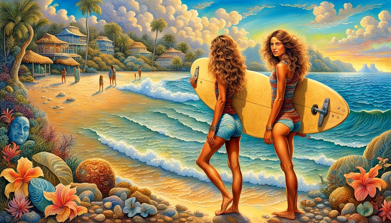 Surfer Girl on Tropical Beach in Surreal Style