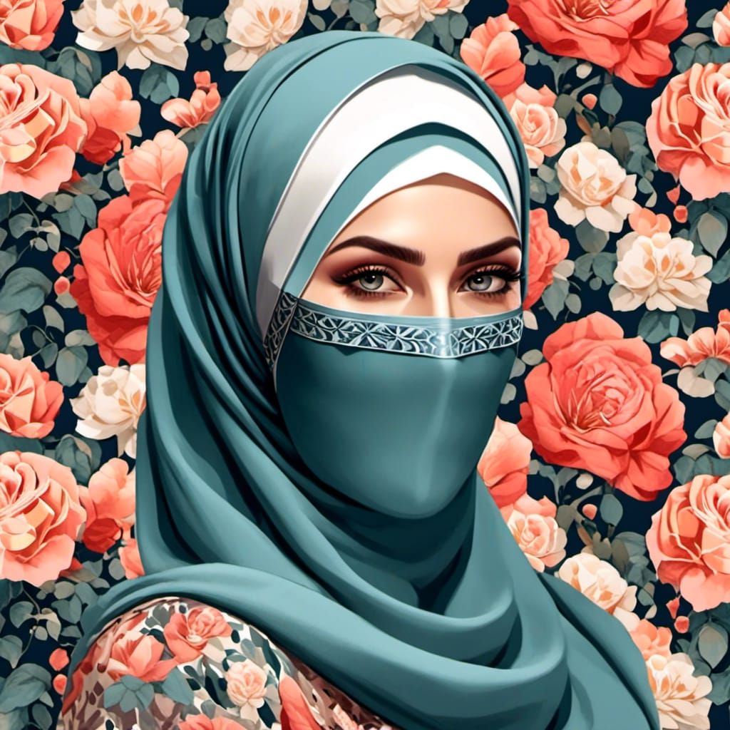 European Hijabi Woman in Botanic Garden as Watercolor