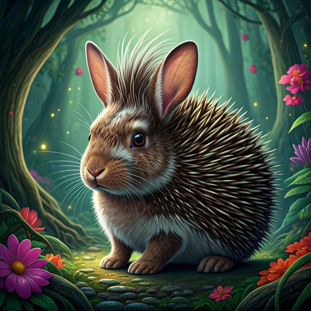 Whimsical Fantasy Bunny-Porcupine in Enchanted Forest
