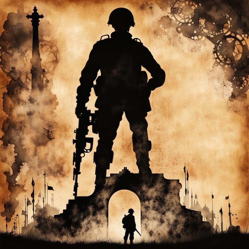Steampunk Soldier Silhouette Ink Painting