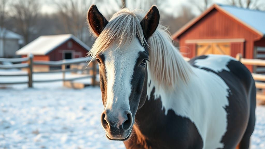 Elegant Black and White Pony in a Winter Farm Scene