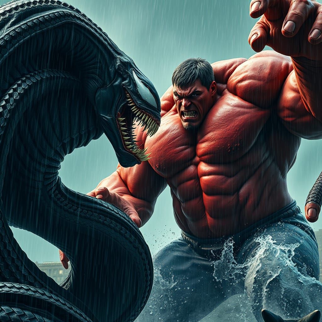 Gigantic Venom Symbiote Battles Red Hulk in Epic Showdown